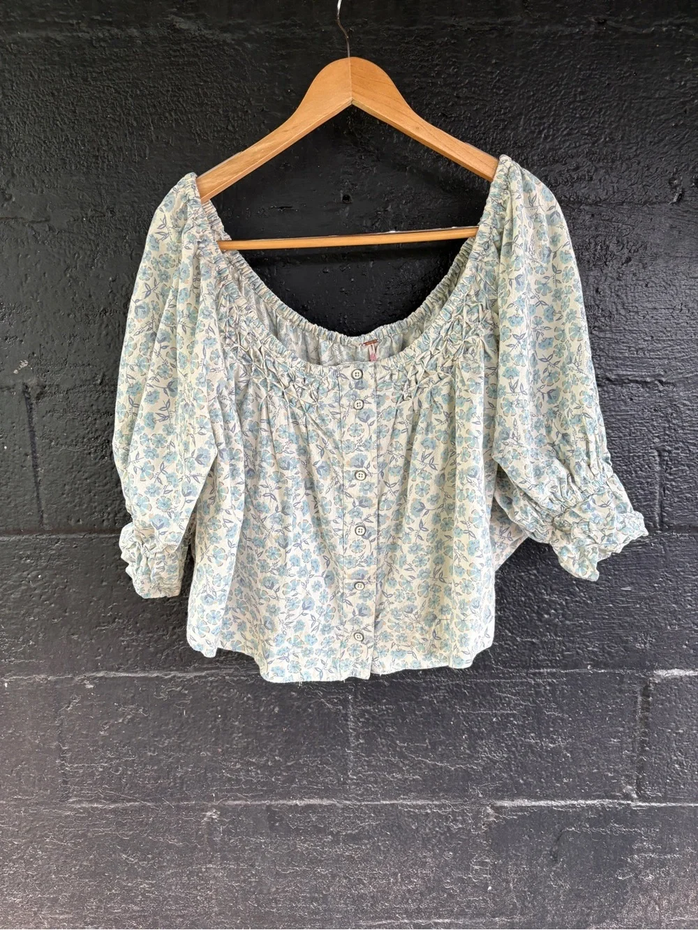 Free People Light Blue and Cream Floral Peasant Top
